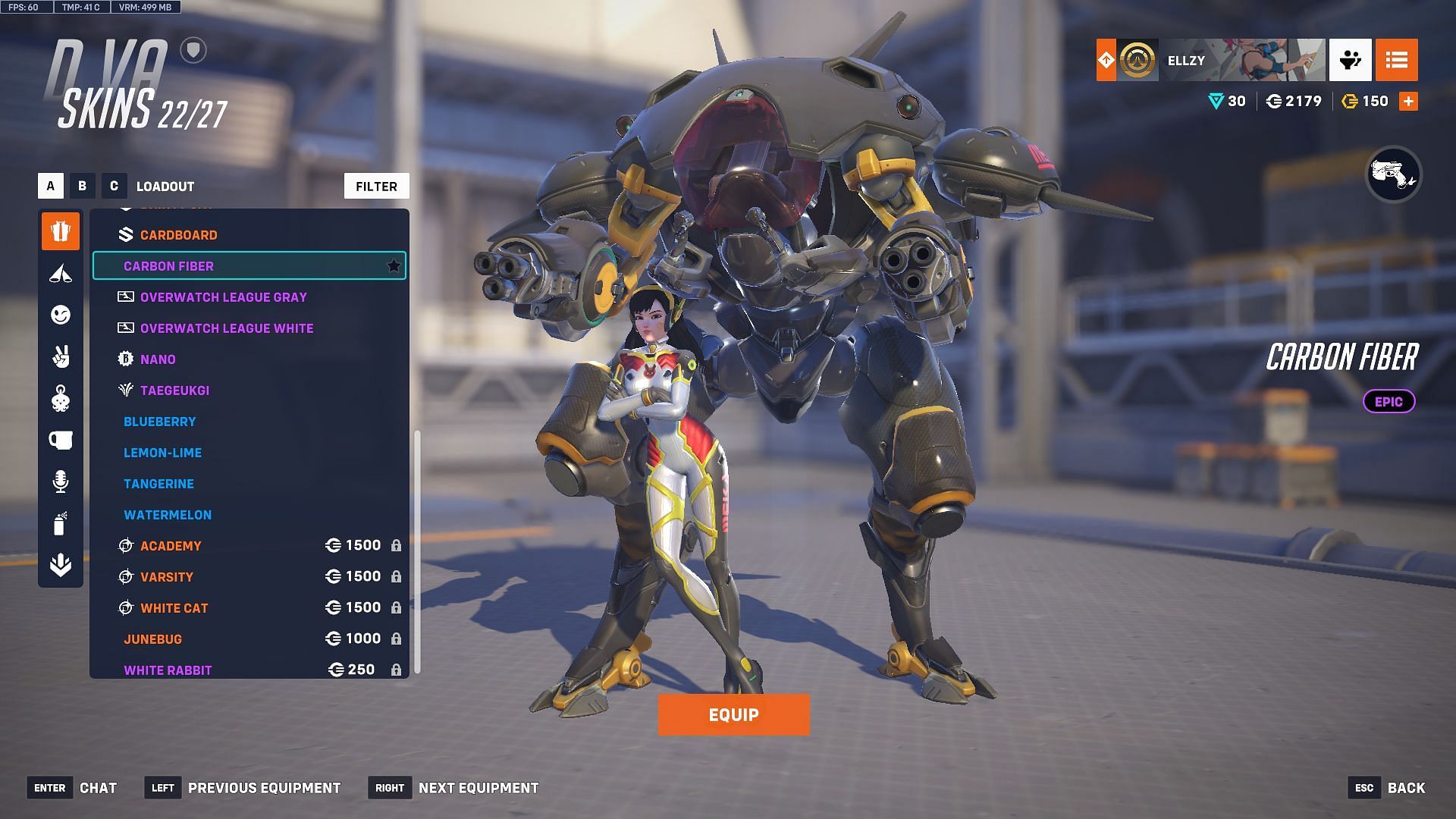 Carbon Fiber skin for D.Va (Image via Sportskeeda Gaming | Blizzard Entertainment)